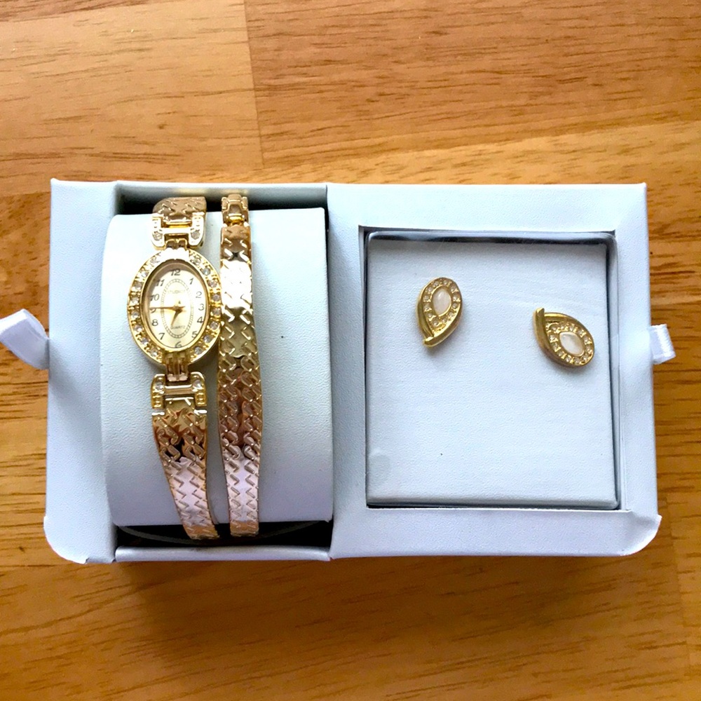 Gold Watch Bracelet Earring Set